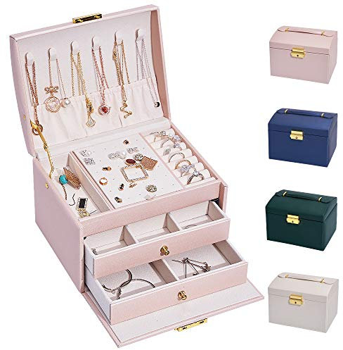 hombrima 3 Layers Travel Jewelry Box, Jewelry Storage Organizer Cases with 2 Drawers and Lock for Women’s Necklace Earrings Rings Bracelet (Pink)