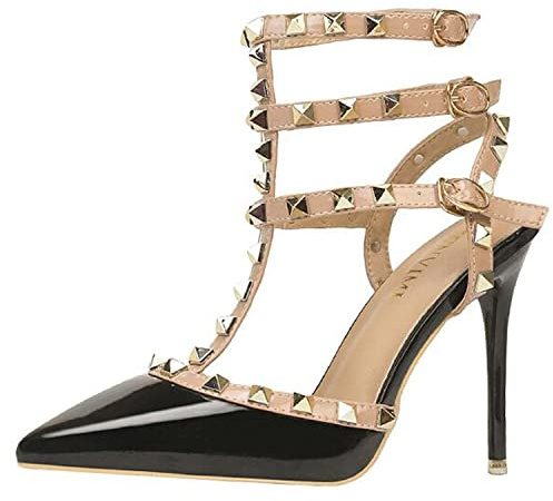 bbruriy Sandalias de tacón para Mujer Remache Correa en el Tobillo Tacones Altos Stiletto Tachuelas T-Strap Puntiagudo Cerrado Slingback Vestido de Fiesta Nupcial Zapatos de tacón cómodos,Negro,38
