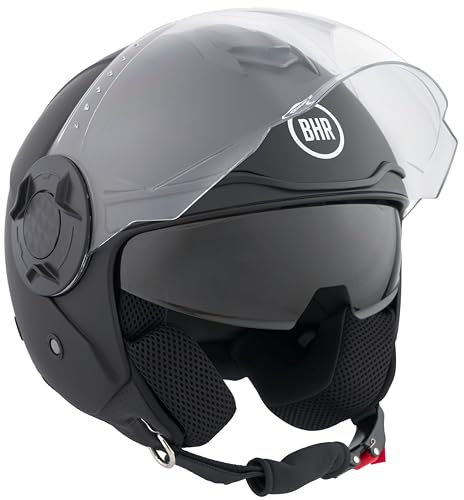 BHR Casco Jet Doppia Visiera 830 FLASH, Casco Scooter Omologato ECE 22.06, Casco Moto Jet Leggero & Confortevole con Visiera Interna Parasole, Nero Opaco, M