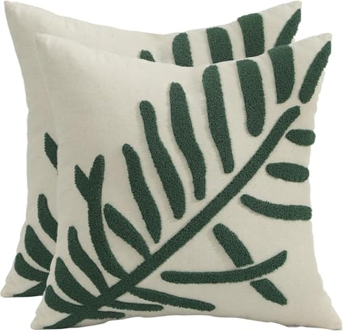 Tosleo 2Pack Throw Pillow Covers Spring Summer Green Leaf Tufted Embroidery 18x18In Cushion Cover Cotton Linen Leaves Decorative for Sofa Living Room Bed Couch Car Gift Home Deco 45x45CM