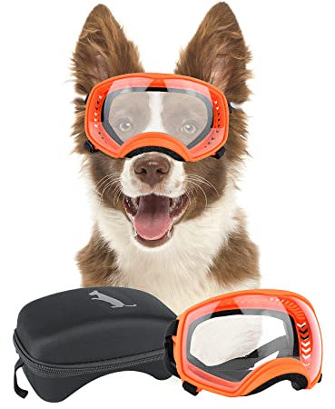 NAMSAN Hundebrille mit Weit Sichtfeld, UV-Schutz Sonnenbrille für Gross Hunde, Augen Schützen Hunde Schutzbrille mit Verstellbare Band und Schwammnasenpads-Orange