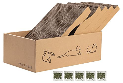 Poils bebe 5 PCS Cat Scratcher with Box, Reversible Cat Scratchers for Indoor Cats, Cardboard Cat Scratcher with Catnip, 2 Curved and 3 Flat Boards for Scratching Bed