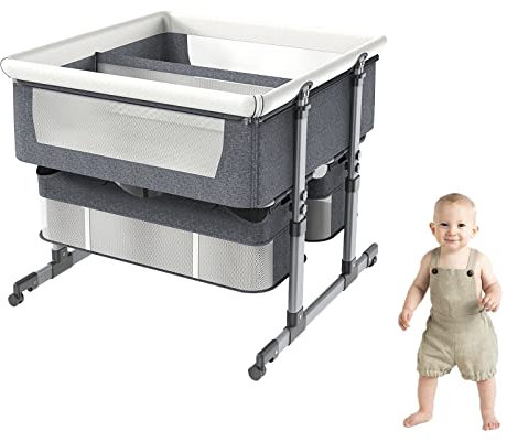 Co-Sleeping Baby Bed Twins With Storage Basket - Portable Basinette For Infant - 6 Height Adjustable Sleeper Cot - Crib For Newborn Boys & Girls - Easy Folding & Space Saving Design