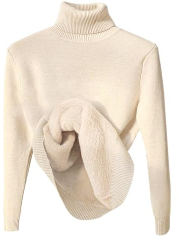 Minetom Pull Col Roulé Femme Pullover Manches Longues Doublé Polaire Pull Basique Chandail Casual Chaud sous-vêtement Thermique Hauts Tops A Beige M