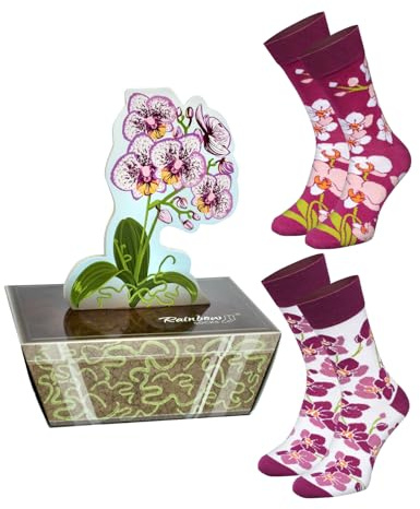 Rainbow Socks - Orchid Box Socks - Nyhet Present Orkidé Blomstrumpor för Kvinnor Mormor Florist Blommor Fans - 2 par, orkidstrumpor, 41-46 EU