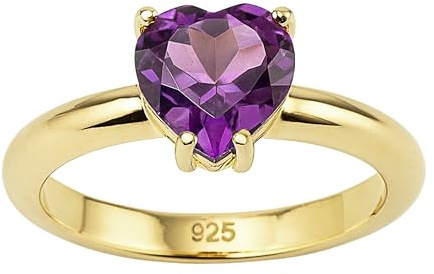 Bague Améthyste Cœur en Argent Plaqué Or - Solitaire Romantique Femme - Pierre Fine Violet 8 mm Sertie Griffe - Bijou Élégant Cadeau Amour Anniversaire Saint-Valentin (US Size 6 / Diameter 16.5)