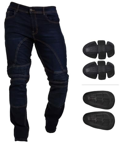 Juicy Trendz motorcykeljeans för män – motorcykelbyxor, stretchjeans i denim med avtagbara dynor, knä- och höftskydd, säkerhetsjeans för män, Mörkblå, 40W X 30L