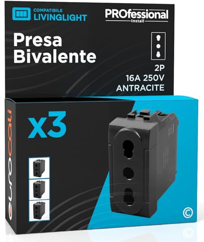 Presa Elettrica Italiana 2P+T Bivalente 10/16A 250V Compatibile con BTicino Livinglight Presa di Corrente Bipasso Pluristandard da Muro Frutti Elettrici Colore Antracite - Confezione da 3
