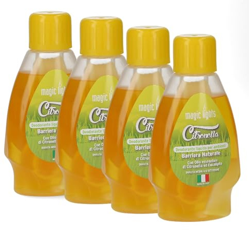 Set 4 Deodorante Liquido Citronella per Ambiente, Made in Italy, Barriera Naturale con Olio Essenziale di Citronella ed Eucalipto, Durata 4-6 Settimane, Profumo Sgradito a Zanzare e Insetti