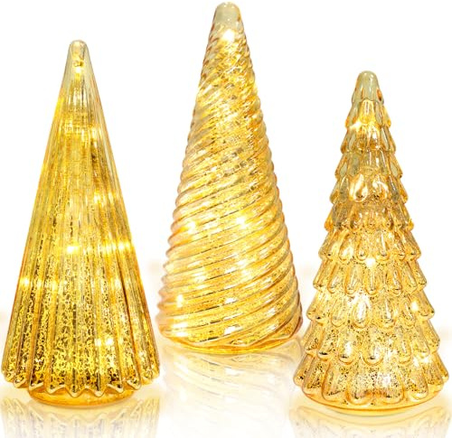 YiYa 3Pcs Gold Glass Christmas Tree Home Decor Tabletop Christmas Tree Decor Mercury Glass Xmas Trees Decorations for Fireplace Mantel