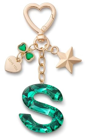 CHUQING Portachiavi con lettera S portachiavi con iniziale glitterata verde, portachiavi con lettera per ragazze e donne
