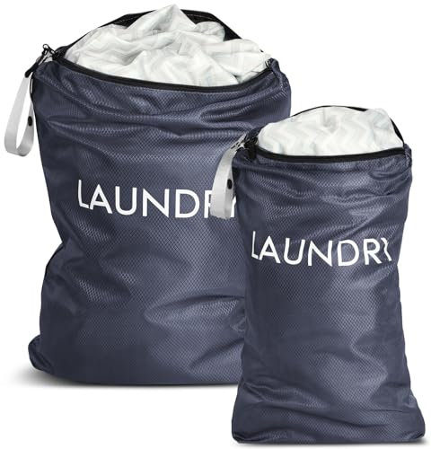 AOOTE Sacchi da Biancheria, 2 Pezzi Borsa da Lavanderia Viaggio, Sacco Lavanderia Sporca con Zip, Riutilizzabile Sacco Portabiancheria, Borsa per Vestiti Pieghevole per Vestiti sporchi, Blu