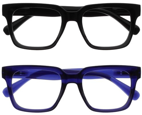OPULIZE ERA Occhiali luce blu donna e uomo - Occhiali da lettura Antiriflesso Antibagliore - Confezione da 2 - UV400 Occhiali per computer Oversize Rettangolare - Nero / Blu - +1,50