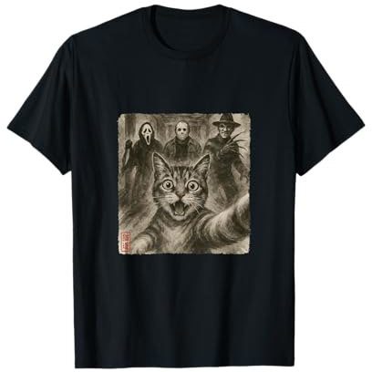 Personnages du Film d'horreur drôle surpris avec Un Chat effrayé T-Shirt