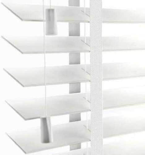 Faux Wood Window Venetian Blinds Blind With Tape 50mm Slats White Grey TRIMMABLE Fittings Included Luxury Look (White With Tape, 90cm Width x 150cm Drop)