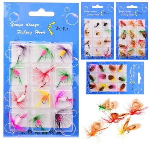 Fenayuu Lot de 48 appâts pour pêche à la mouche - Accessoires de pêche pour la pêche à la truite, pour les pêcheurs d'eau douce en mer, rivière, réservoir et étang - Pour