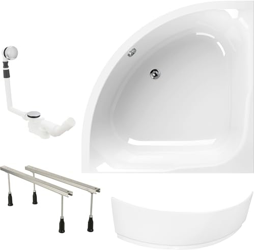 Calmwaters® Eckbadewanne Komplettset 120x120 cm Modern Small 2, Made in EU, 4in1 Acryl-Wanne mit Schürze, Wannenfüßen & Ablaufgarnitur, Duowanne für 2, Set Badewanne komplett, 120 x 120, Weiß