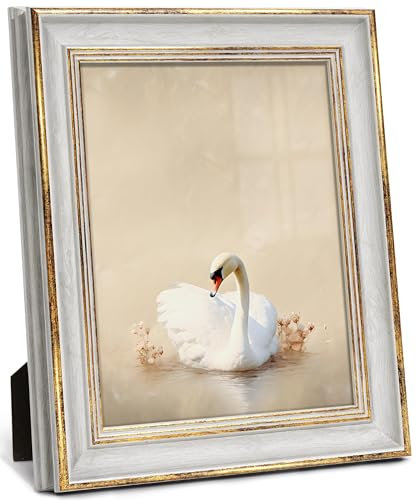 Afuly 8x10 Photo Frame Vintage in Off White and Gold Edge for Desk 10x8 Picture Frame Gallery Home Wall Decor Christmas Birthday Women Mom Grandma Family Friends Gifts