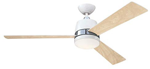 73038 Tristan, moderner 132 cm DV/Beleuchtung und Fernbedienung von Westinghouse Lighting, Ausführung in Weiß mit Akzenten gebürstetes Nickel, Opalmilchglas