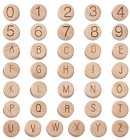 PandaHall 72 cuentas redondas planas con forma de letras y números de madera de haya perla espaciadora para macramé, manualidades, pulseras, collares, joyas, agujero: 2~3 mm