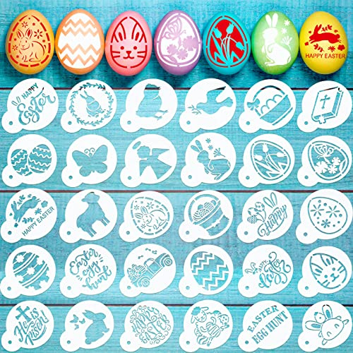 30 Pieces Easter Cake Cookies Stencil Templates Decoration Reusable Easter Eggs Rabbit Cake Baking Painting Mold Tools Baking DIY Decorations for Cookie Chocolate Dessert Coffee Decor