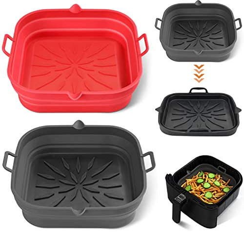 2 Pezzi 20 x 20 x 5cm Teglia Silicone per Friggitrice Ad Aria,Stampo In Silicone Pieghevole Teglia Quadrata,Riutilizzabili Cestello Friggitrice D'aria Rivestimenti Fodera In Silicone Nero e Rosso