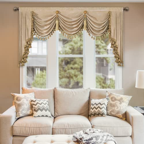 TOPLUXE Swag Valance for Windows, Chenille Waterfall Valance with Tassels, Short Curtain for Bedroom Living Room Kitchen, Rod Pocket (Width 200cm, Beige)