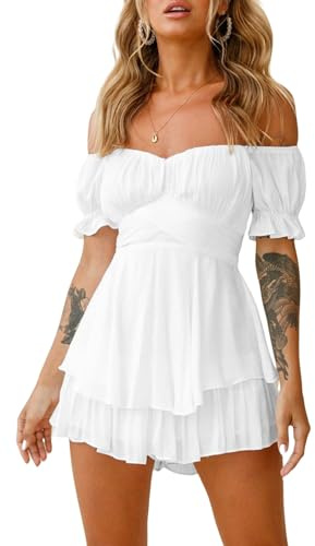 Springcmy Women Puff Sleeve Square Neck Romper Dress Off Shoulder Ruffle Shorts Smocked Layered Flowy Jumpsuit Beach Swing Dress (A-White, S)