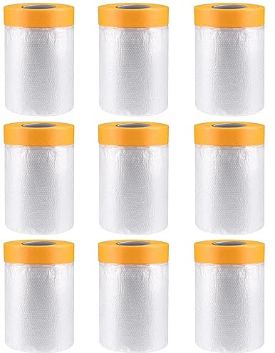 BOSCOW Abdeckfolie mit Klebeband, 9 Rollen Abklebeband mit Folie, 55cm x 20m - Staub- und Spritzwassergeschützte Malerfolie für Wandanstrich und Autolack