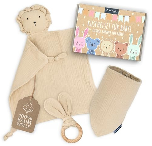 AMARI ® Panno per le coccole con tettarella e bavaglino, regali ideali per la nascita per bambini e bambine - regalo per neonato - set di regali in panno per coccole per la festa del bebè