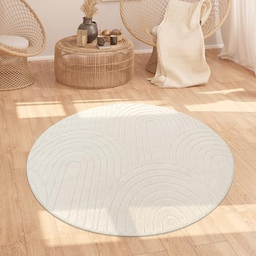 Paco Home Teppich Wohnzimmer Schlafzimmer Hochflor Weich Uni Skandinavisch Boho Motiv 3D Optik Regenbogen Waschbar Creme, Grösse:120 cm Rund