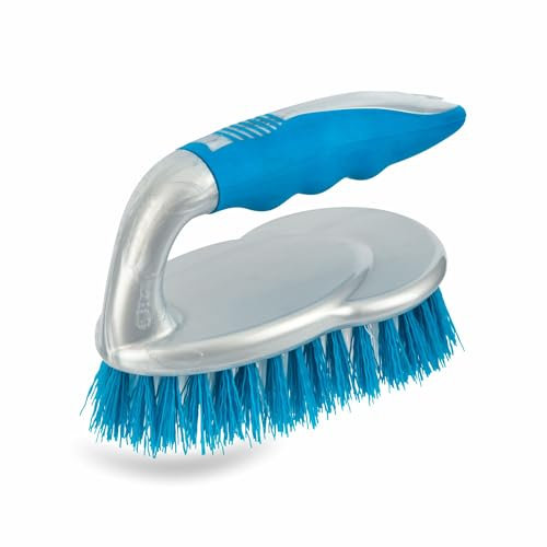 Scrubbing Brush With Handle Thin Stiff Bristles Iron Shaped Plastic Hand Scrubber Brushes Curved Grip For Indoor Outdoor Floor Kitchen Bathroom Carpet Bath Shower Sink Car Household Cleaning Pack (1)