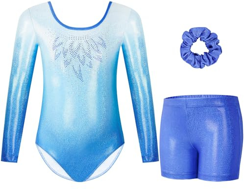 Gogokids Tredelade gymnastiktröjor för flickor, långärmad gymnastikset med shorts och pannband, glänsande dansklänning med gradient färgdesign för 3–12 år