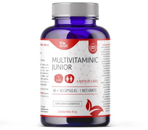 Multivitamínico Junior Niños - Vitaminas C D3 E - Ácido Fólico - Hierro - Zinc - 90 Cápsulas - Crecimiento Desarrollo Cognitivo - Salud Ósea - Inmunidad - Sin Gluten | D2 Nature