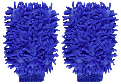 Thyonta 2 Pack Microfibre Car Wash Mitt, Scratch-Free Cleaning Glove, Reusable Absorbent Car Cleaning Mitt with Elastic Cuff for Cars, Motorcycles, Trucks, Boats & Household Cleaning, Blue