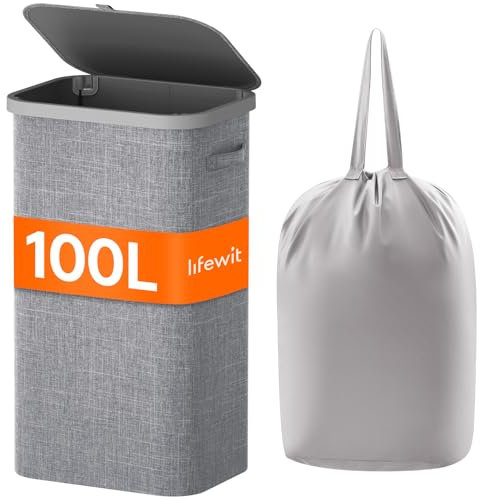 Lifewit 105L Laundry Basket with Lid, Large Laundry Hamper with Plastic Handles and Removable Bag, Foldable Tall Dirty Clothes Hampers for Laundry for Laundry Room,Bedroom,Bathroom,Dorm,Light Gray