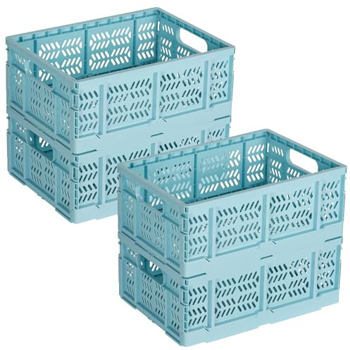 Senloglb Lot de 4 caisses de rangement pliables pour organisation, caisses à lait rectangulaires empilables en plastique avec poignées, pour la maison, la cuisine, l'école et la salle de classe, bleu