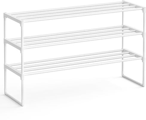 SONGMICS Schuhregal 3 Ebenen, Schuhständer Metall, Schuhaufbewahrung, Schuh-Organizer, aufrecht oder umgedreht, für 16-20 Paar Schuhe, stapelbar, Flur, 30 x 92 x 55 cm, perlweiß LSA303W03