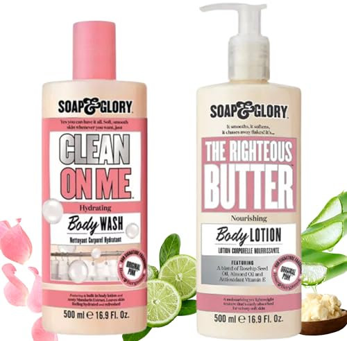 Soap & Glory Butter Body Lotion & Hydrating Body Wash Creamy Shower Gel with Mandarin Peel Extract, Vitimin E, Soothes and Soften Skin 2 x 500ml Bundle + Wremedies Cherish Yourself Beauty Guide