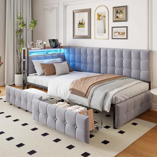 EINHOM Schlafsofa Tagesbett 90x200 cm, Polsterbett mit 2 Schubladen, Kinderbett mit LED-Nachttischlampe, USB- und-Typ-C-Anschluss, Multifunktionales Einzelbett, Ohne Matratze, Hellgrau