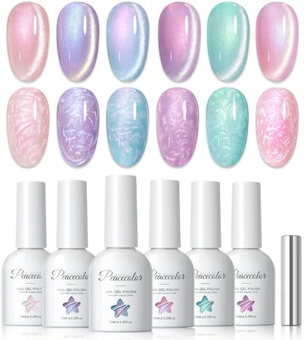 PEACECOLOR Pintauñas Semipermanentes 10ML, 6 Colores Rosa Morado Azul Esmaltes Semipermanentes con Imán Efecto Perlado Cat Eye Gel Polish Nail Art Set Manicura Regalos para Mujeres