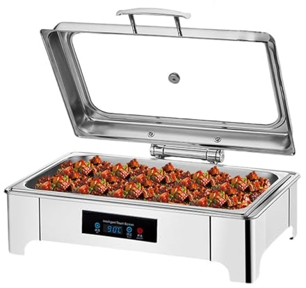 Chafing Dish Elettrico Professionale, 9L Scaldavivande Elettrico, Temperatura Regolabile Acciaio Inox Chafing Dish Buffet, Contenitore Scalda Cibo Professionale con Coperchio in Vetro(0-85℃)