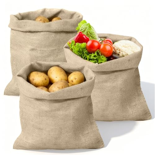 Hessian Sack, 3 Pack Hessian Large Jute Sacks 40 x 60 cm Breathable Jute Sack Potato Storage Bags Durable Reusable Hessians Bags for Potatoe Vegetable