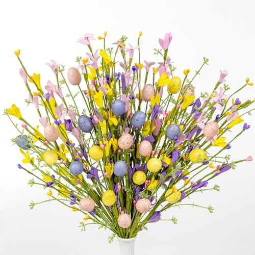 DIYFLORU 12 PCs Easter Table Centerpiece Decorations Farmhouse Easter Flowers Artificial for Decoration Colorful Egg Flowers with Jasmine Lily Forsythia Flowers for Vase Dinner Table Indoors Decor