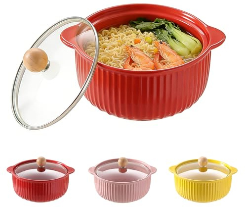 LUPATDY keramisk ugnsform 800 ml, keramisk ramen skål med lock, runda bakformar med handtag för lasagne, ram, bakning, sallad, för varmluftsfritös, ugn, mikrovågsugn, röd