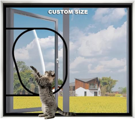 Lesone Red de seguridad para gatos de tamaño personalizado, mosquitera, protección de ventana para gatos, malla de fibra sintética a prueba de desgarros, malla autoadhesiva para ventana con cremallera
