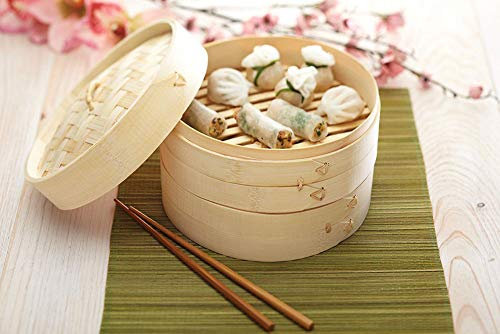 Vetrineinrete® Vaporiera in Legno per Cottura al Vapore 2 cestelli Contenitore Cesto 2 Ripiani con Coperchio (25 cm) A20