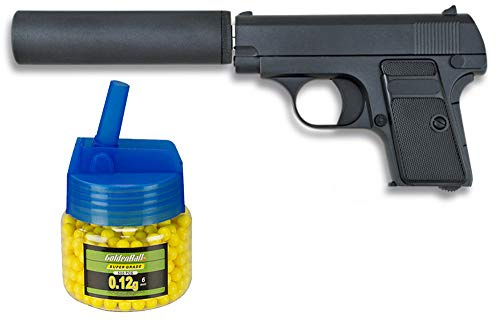 Tiendas LGP, Albainox 35555 Arma Airsoft, Pistola Aire Suave, con silenciador, Potencia 0,8 Julios + Biberón 500 Bolas 12 Gramos de 6 mm. de Regalo