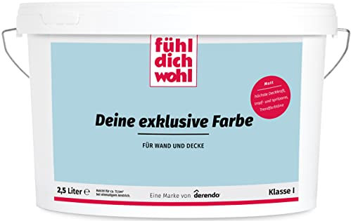 derendo Fühl Dich Wohl Deine Farbe blau, matte Wandfarbe blau, hohe Deckkraft, verschiedene Blautöne zur Auswahl (2,5L, Maledivenblau)