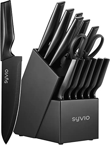 syvio Block Knife Set, 15 Pcs Kitchen Knife Set with Block and Sharpener, with Heavy Poultry Shears and 6pcs Serrated Steak Knives Razor-Sharp, Stainless Steel, Lightweight, Anti-Slip Handle